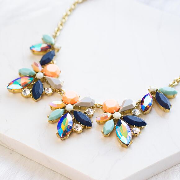J.Crew Asymmetrical Crystal Clusters Necklace In NEON FLAM - Picture 3 of 6